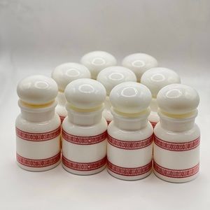 (9) Vintage Milk Glass Apothecary
Spice Jars Made in Belgium Red & White